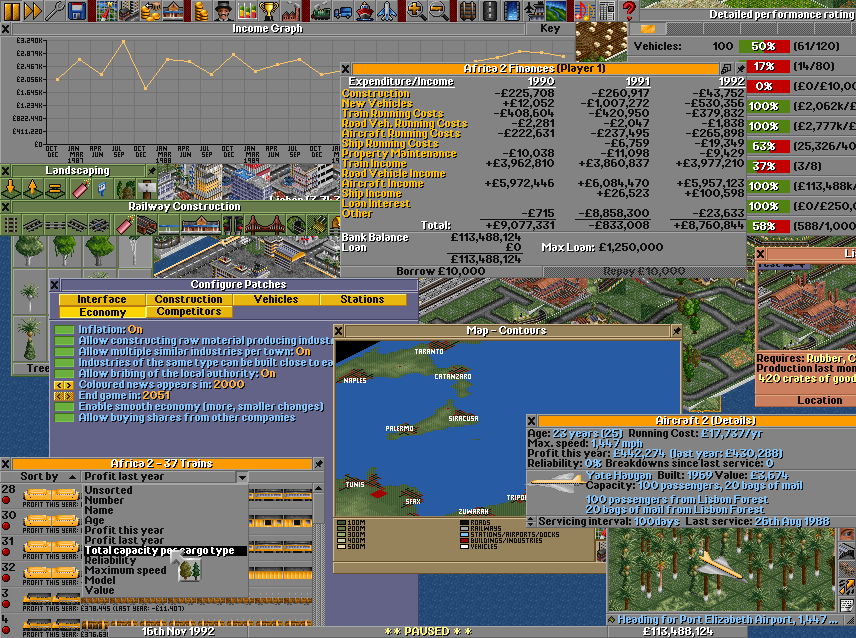OpenTTD has its own window management as it runs on so many platforms. This picture has been stuffed to unplayability with windows. We can see company income, finances and performance rating (which is used as a score when you finish the game). We can also see two construction-toolbars, with the tree-tool selected. On the left side is the list of trains, which will be sorted by total capacity.A bit to the right we can see a relief-map, which can be toggled to show various states (relief, transport routes, ownership) and allows you to scroll around the ‘universe’. On the right side we have zoomed into a Concorde making a hefty profit judging by the details window. Lastly an almost invisble detailed industry window.