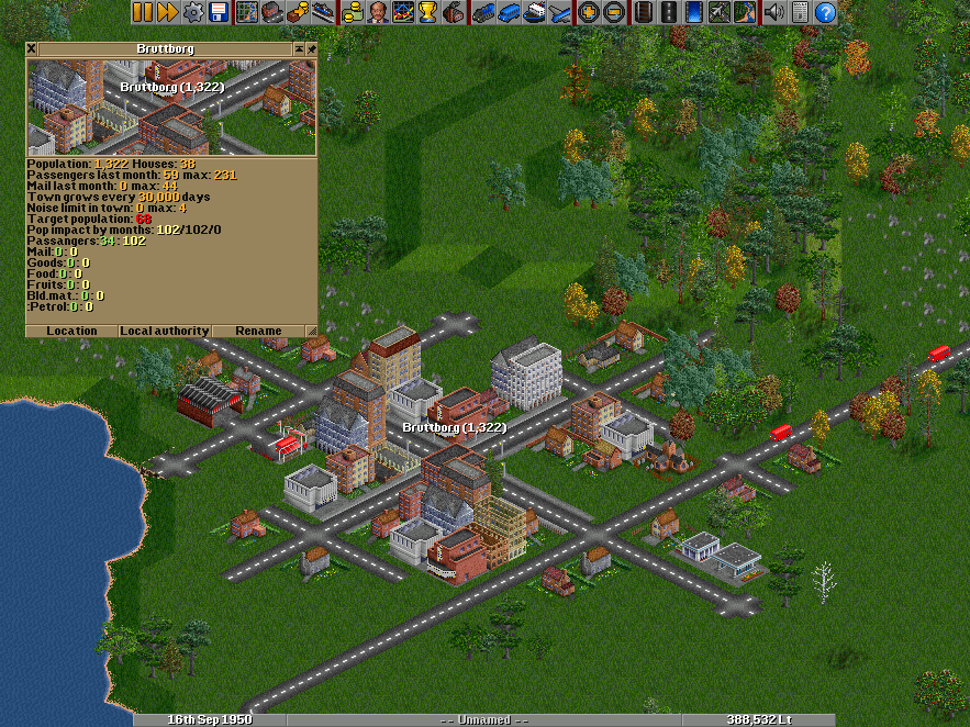 In this screenshot the RealGrowth game script is used to replace the default OpenTTD town growth mechanism with a new one specially created to work with the FIRS NewGRF.